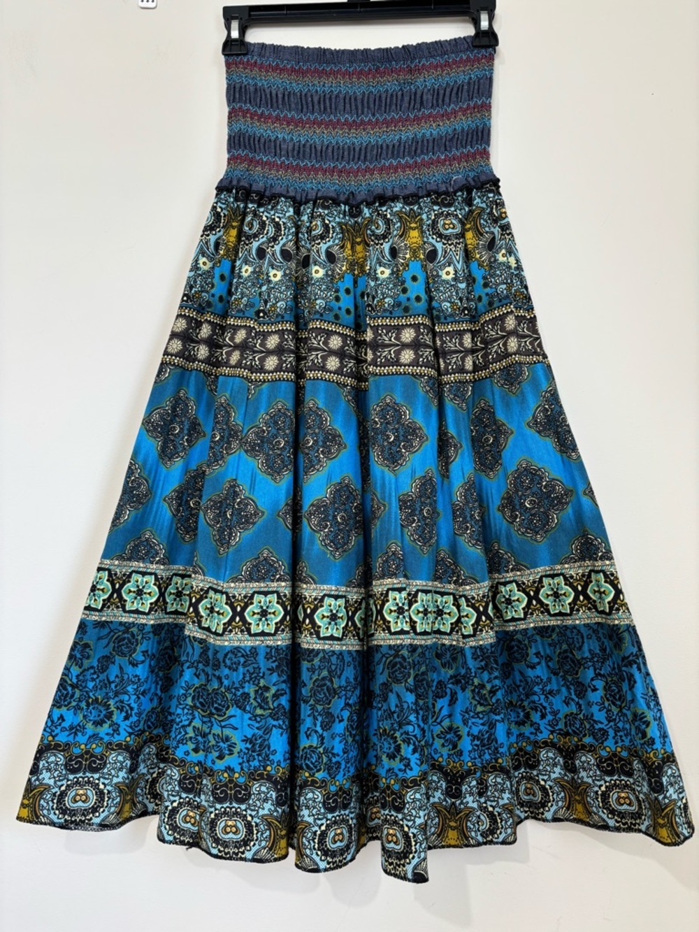 NEW Y2K boho cottage ethnic print smoked high rise pleated A-line Midi Skirt XS - Picture 2 of 16